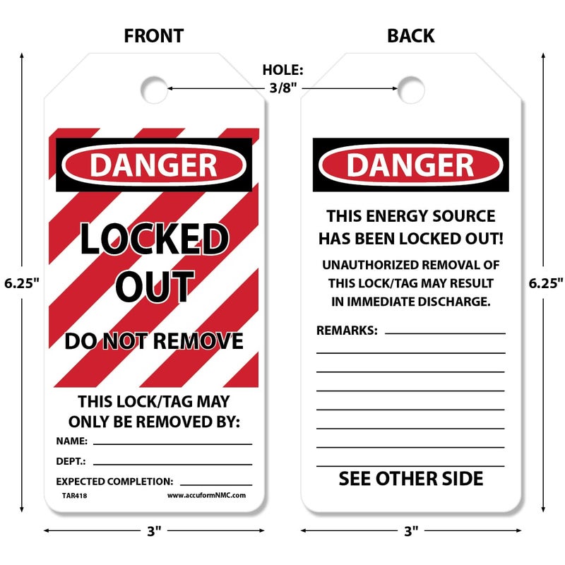 AccuformNMC 100 Lockout Tags by-The-Roll, Danger Locked Out Do Not Remove, US Made OSHA Compliant Tags, Waterproof PF-Cardstock, Resists Tears, 6.25"x3", TAR418 - Image 2